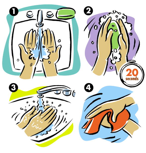 illustration of four steps for handwashing: wet, wash for 20 seconds, rinse, dry