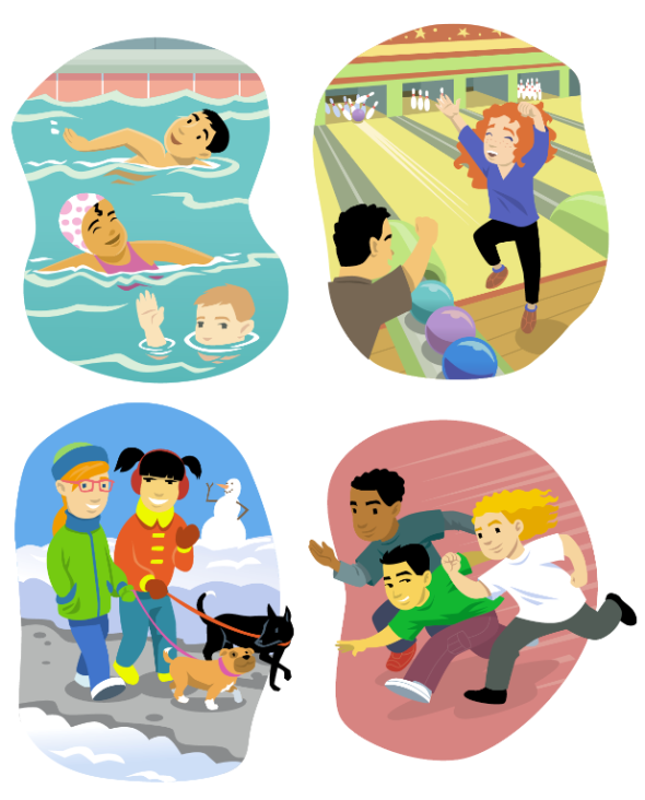 Illustration of people swimming, bowling, walking pets, and running