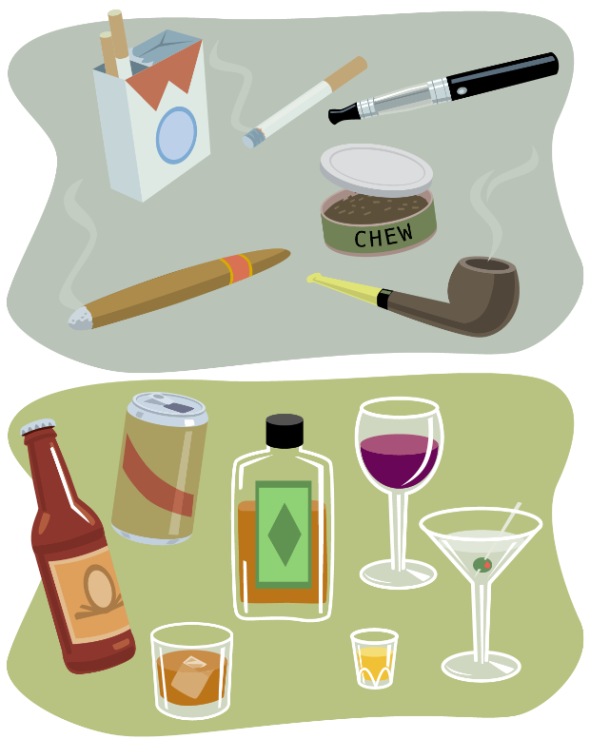 Illustration of various forms of tobacco and alcohol