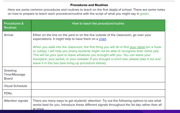 screen shot of procedures and routines