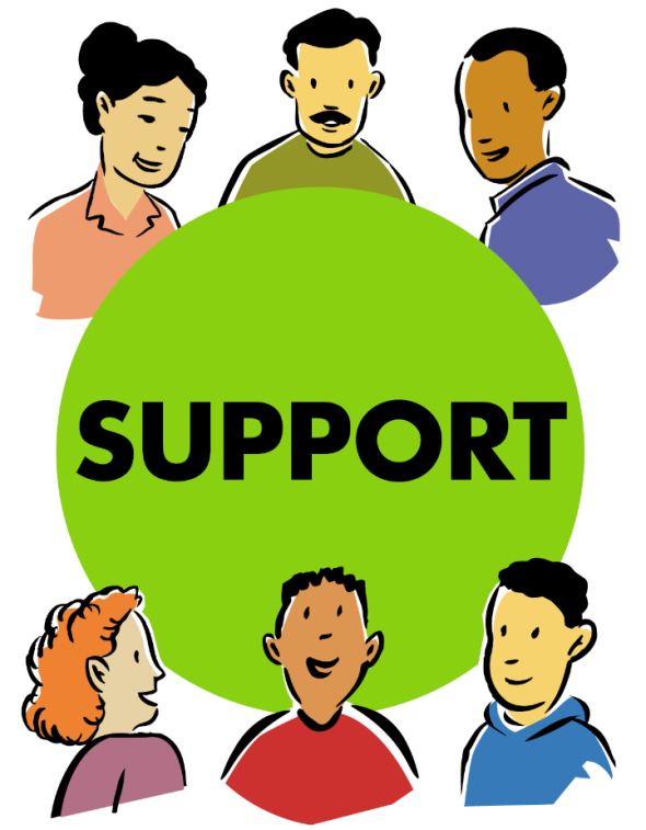 illustration of six people around the word "support"