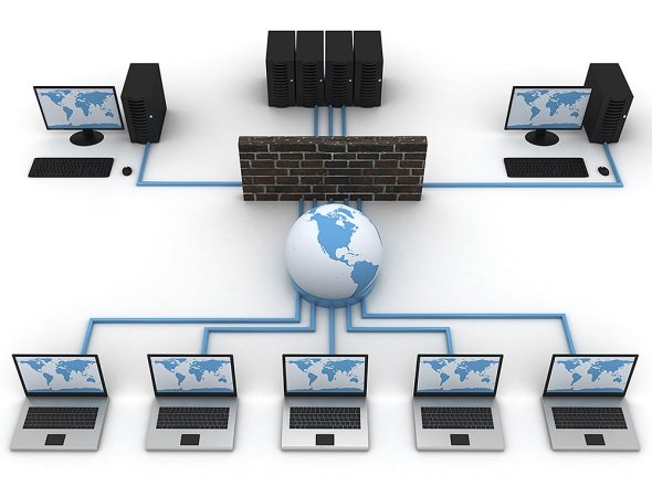 Diagram of multiple laptop computers networked through a firewall and servers