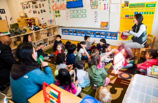 Students listening to teacher in a Transitional Kindergarten classroom 