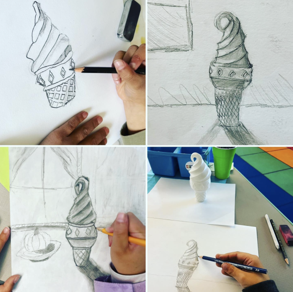 Four photographs documenting the process of a student drawing an ice-cream cone using a model 