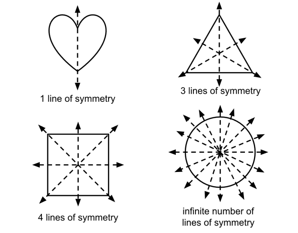 chart illustrating lines of symmetry for a heart, square, triangle, and circle