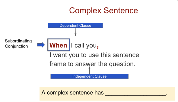 Example of complex sentence: When I call you, I want you to use this sentence frame to answer the question. 