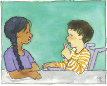 Painting of two students facing each other engaged in conversation