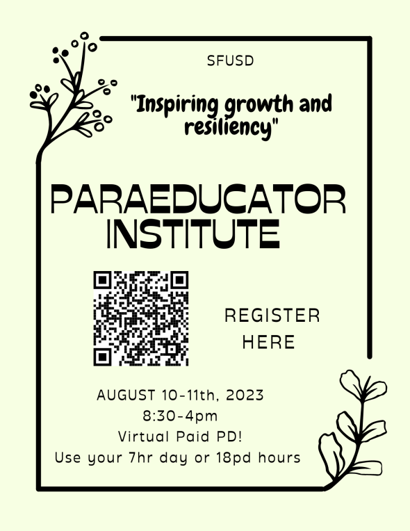 flyer for the paraeducator institute that says "inspiring growth and resiliency" at the top and has a QR code to register