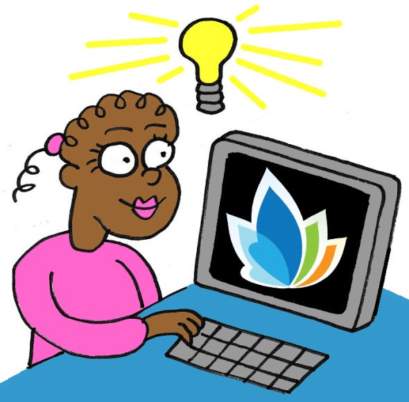 Cartoon of student at computer.