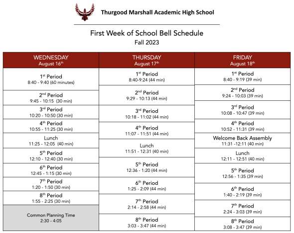 First Week of School Bell Schedule, Fall 2023