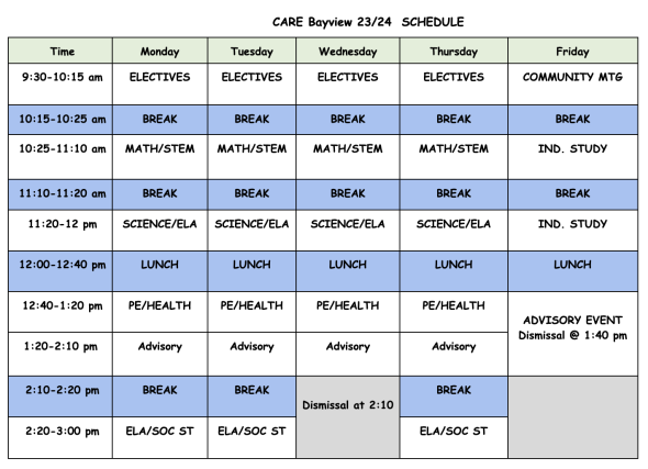 CARE Bayview weekly schedule.