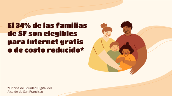Picture of a family with the text, "El 34% de las familias de SF son elegibles para Internet gratis o de costo reducido."
