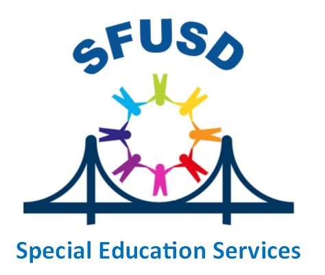 Text above reads SFUSD. Image of a bridge and then silhouettes of children in rainbow colors holding hands in a circle. Text below reads Special Education Services
