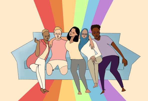 Image of 5 young adults on a blue couch with a blue rainbow behind it, there is an African American young woman, a young man who is an amputee, a young woman with dark hair, another woman with a hajib and an African American young man