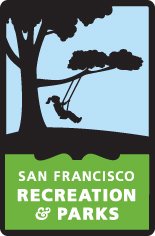SF Rec & Parks logo. Light blue background with a black shadow of a child on a tree swing.