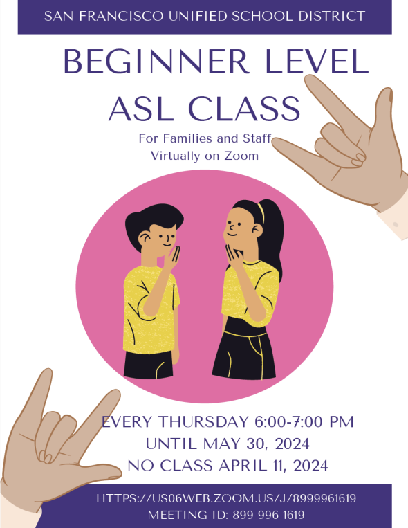 Beginner Level ASL Class information- Thursdays 6-7pm until May 30th