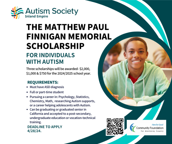 Text reads - Autism Sociewty, The Matthew Paul Finnigan Memorial Scholarship for Individuals with Autism. Picture of a smiling brown skinned young man in a green sweetshirt.