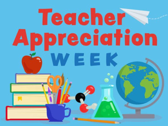 Illustration of a globe, stack of books with an apple on top, and some other classroom supplies. Text reads Teacher Appreciation Week