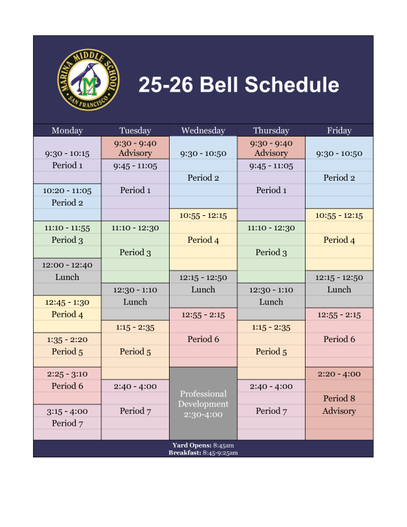 Block schedule with the marina logo on the top left and 25-26 bell schedule as header