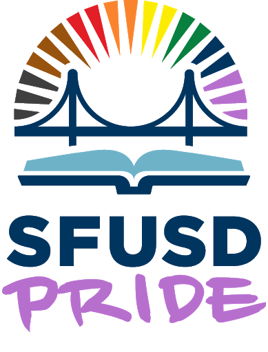 Blue bridge with SFUSD Pride below and rainbow above. 
