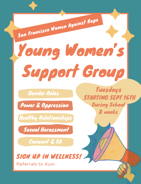Flyer that has the infromation to sign up for the SFWAR Young Women's Support group