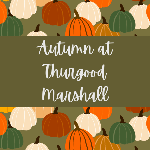 Green background with multi-colored pumpkins. White text reading Autumn at Thurgood Marshall