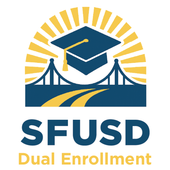 Logo with words SFUSD Dual Enrollment, with a bridge, a road, and a graduation cap in the middle
