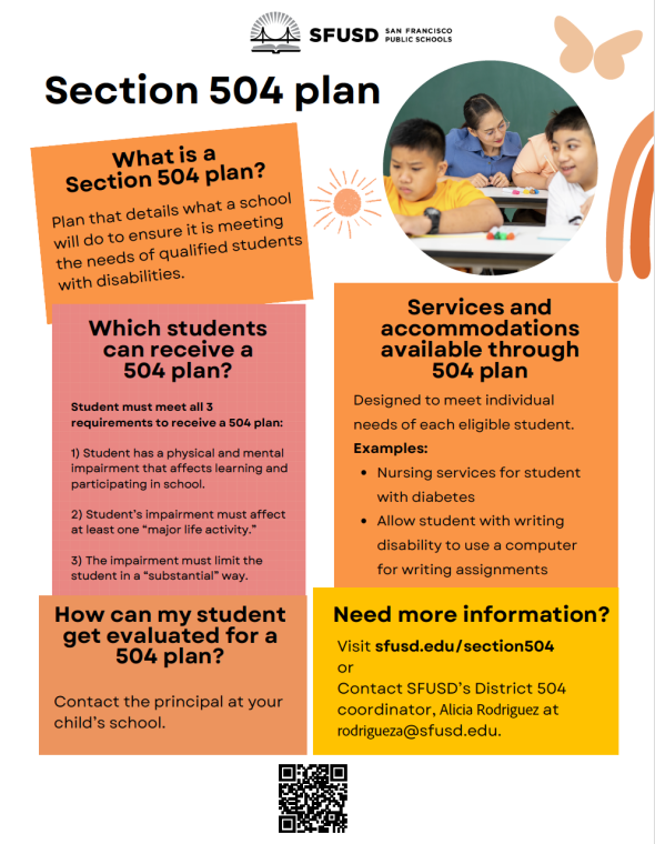 Section 504 flier on a white background with pink, yellow, and orange boxes with information