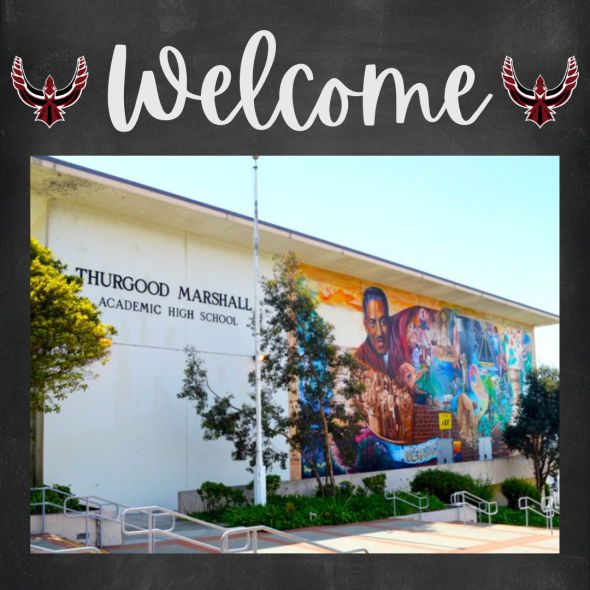 On dark background, welcome in white with two phoenixes. Picture of TMAHS school mural.