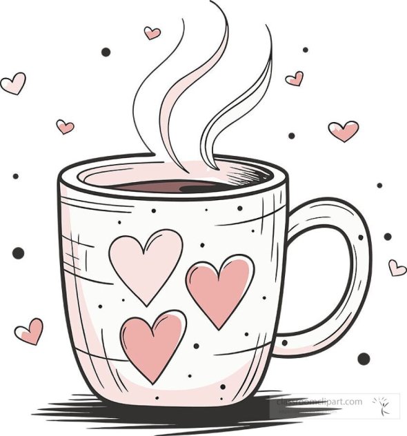 White mug with warm coffee surrounded by hearts