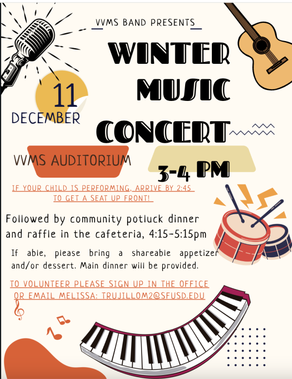 winter concert poster with instruments and text. Dec 11th 3-4pm