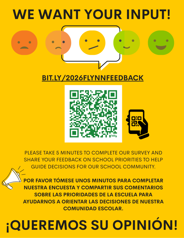 yellow flyer with happy face rating scale. includes School survey link