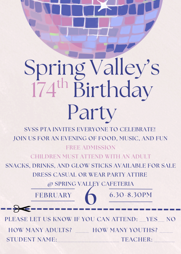 An invitation to spring valley birthday party 2/6 at 6:30pm