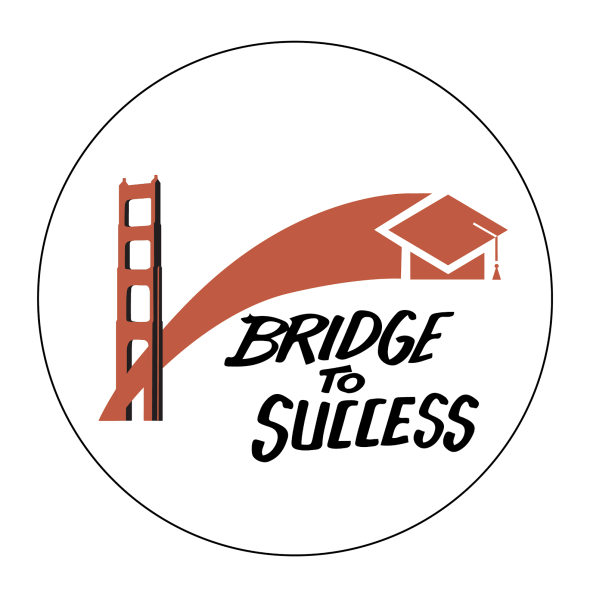 Logo with a graduation cap in red color and the Golden Gate Bridge with the words Bridge to Success in black