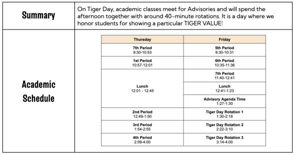 Tiger Day Schedule