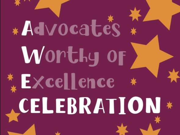 Advocates Worthy of Excellence Awards with gold stars on a dark red background