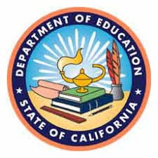circle with the words state of california department of education on the outside and on the inside two books and a lamp and some quills