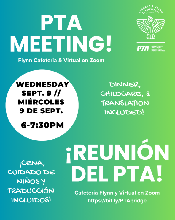 blue green flyer with text - pta meeting, 9/9 6-730pm