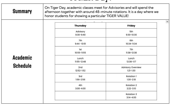Tiger Day Schedule
