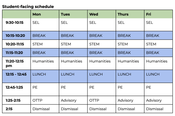 Student facing bell schedule for CARE MIDDLE School 