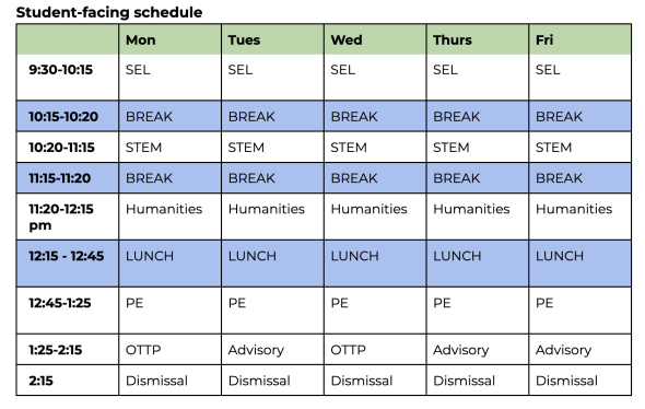 CARE Bayview student facing bell schedule 