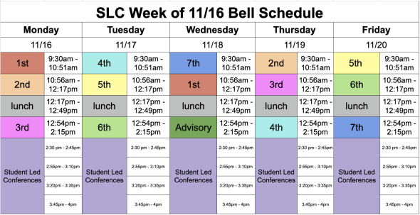 RMS bell schedule for Student Led Conference Week