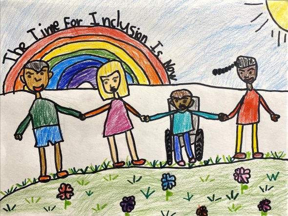 Foreground - Drawing of a child in shorts and a t-shirt with brown skin and brown hair, another child in a dress with blond hair and pale skin, a child with brown skin wearing jeans and a tshirt, a child in a red dress with brown skin and a ponytail and they are all holding hands. Behind them is a rainbow with the words "The Time for Inclusion is Now".