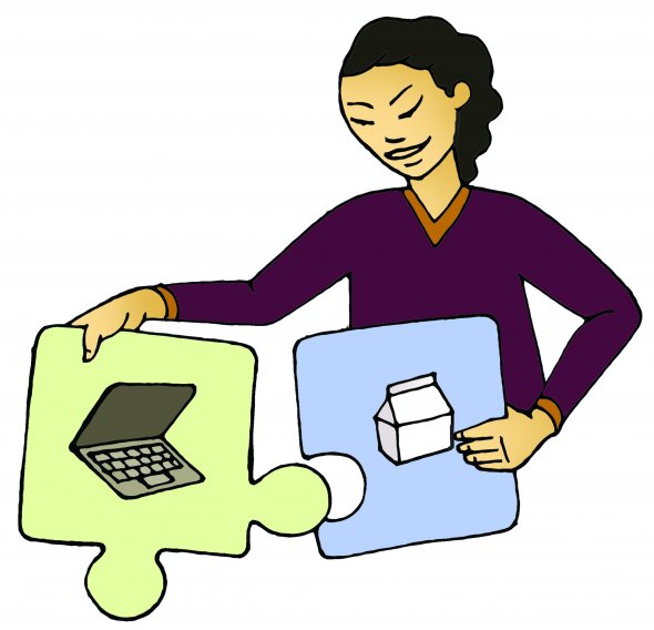 Woman putting puzzle together with different resources