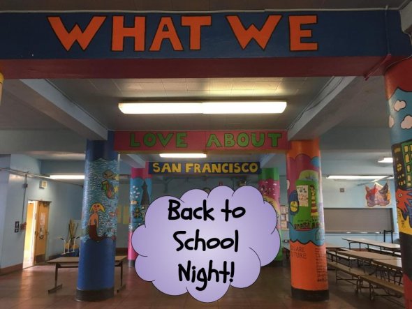 Interior of Lafayette school cafeteria with colorful pillars with writing "What we love about San Francisco". Center of image has a cloud with phrase "Back to School Night" written on it.