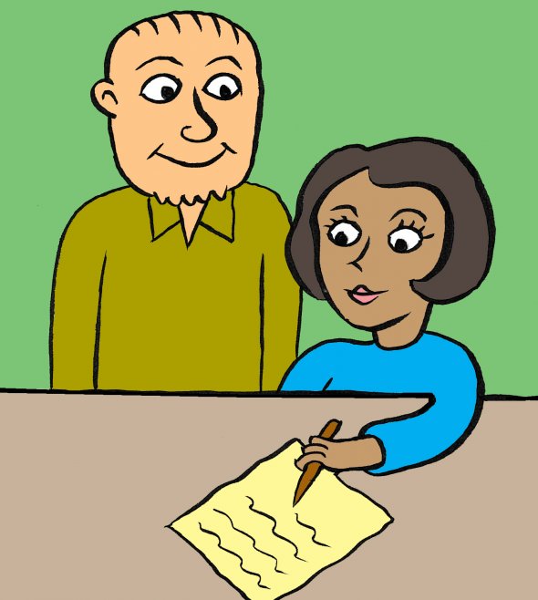 Drawing of two people with one person writing