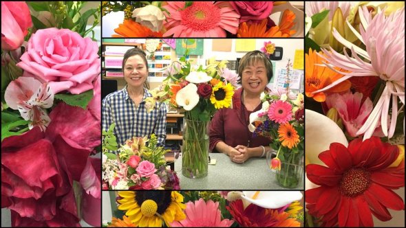 Collage of flowers and school administration employees