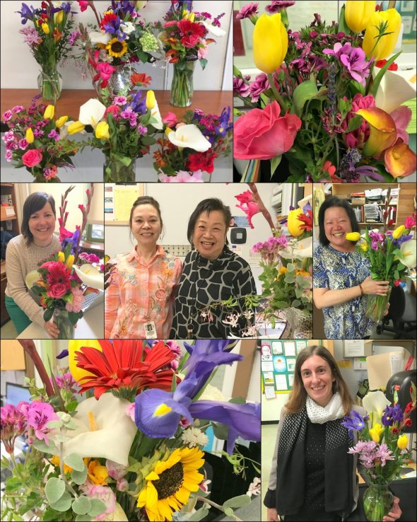 Collage of flowers and school administration employees