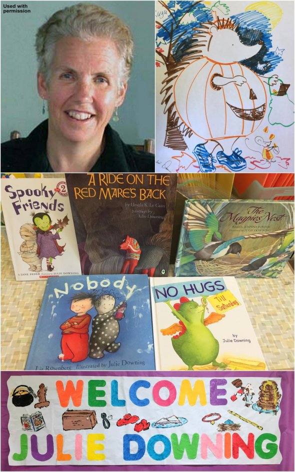 Collage of books, drawings and author Julie Downing