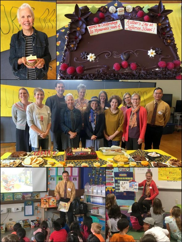 Collage of adults reading to students and standing in front of desserts 